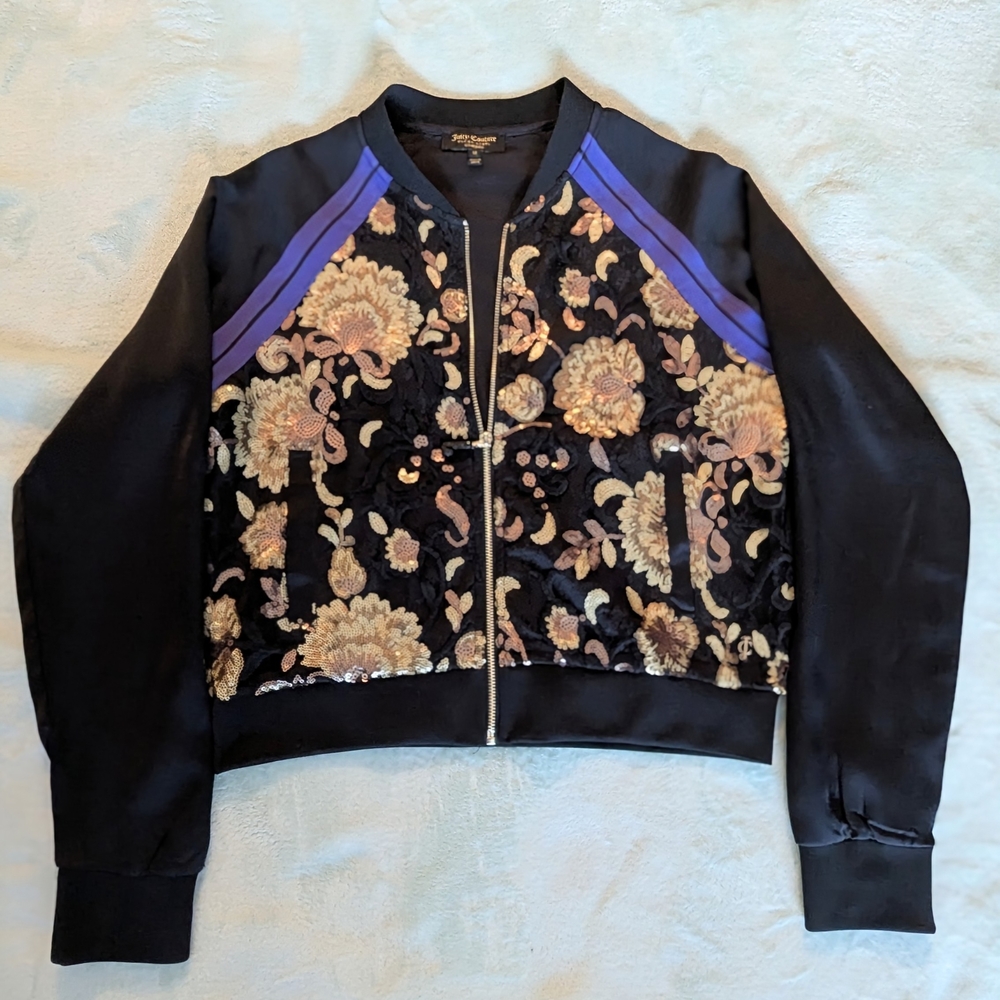 Juicy Couture Black and Gold Floral Bomber Jacket